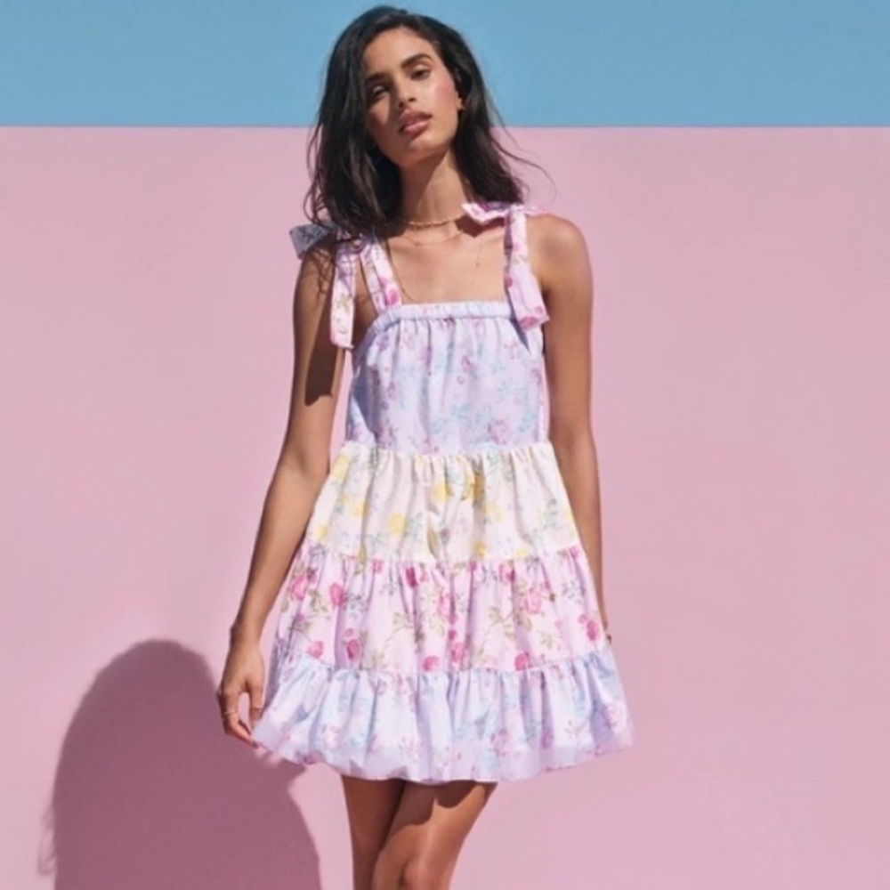 LoveShackFancy Jeanne Babydoll Mini Dress Tiered Floral Pastel Patchwork Target